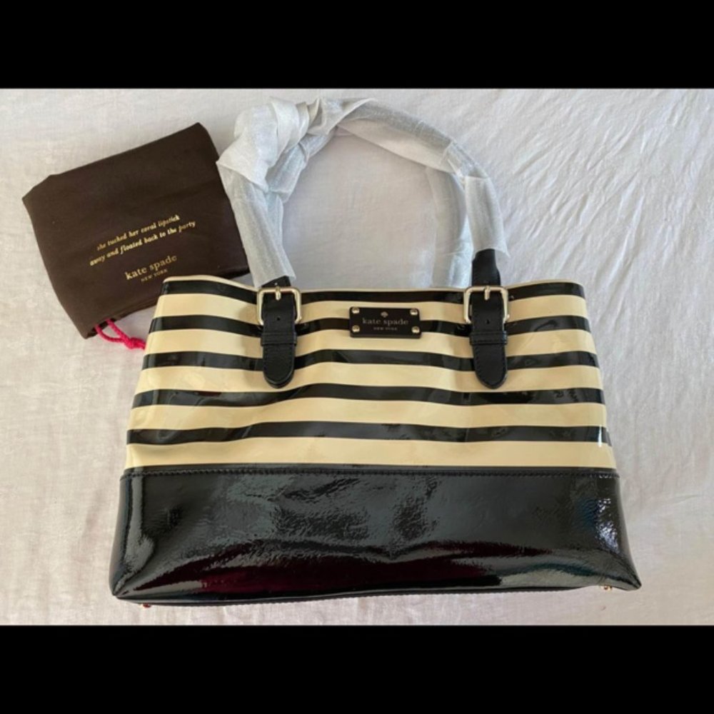 NWT Kate Spade Elena Beige & Black Stripe Handbag Ret. $398
